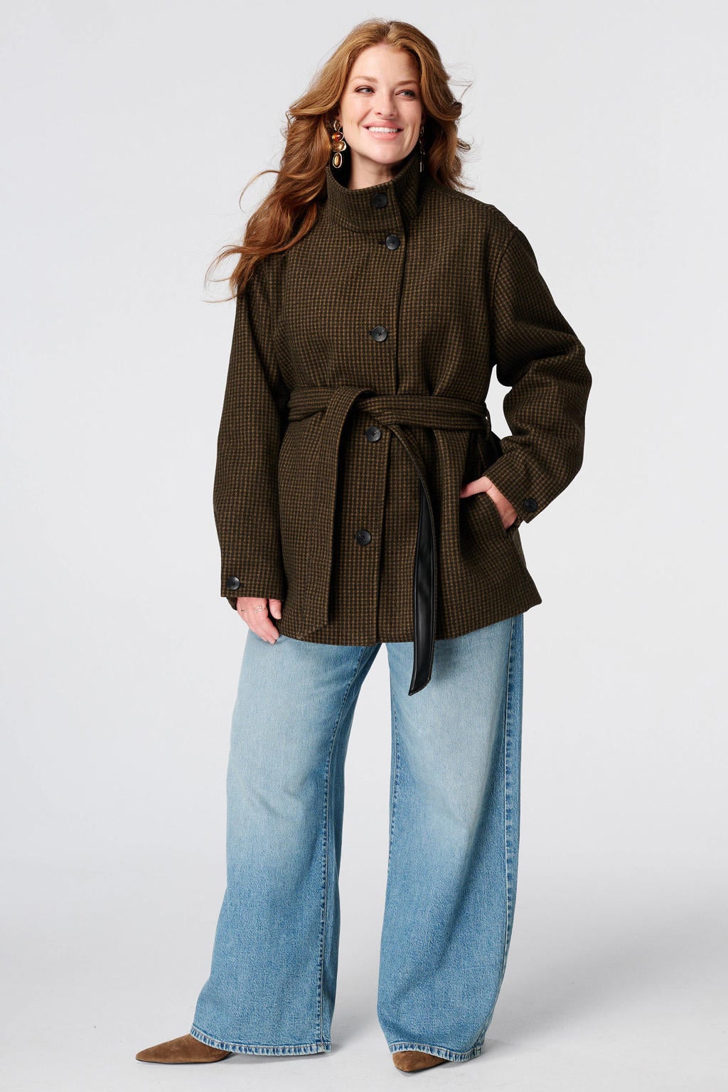 MS Mode Plus Size geruite manteljas met ceintuur - bruin