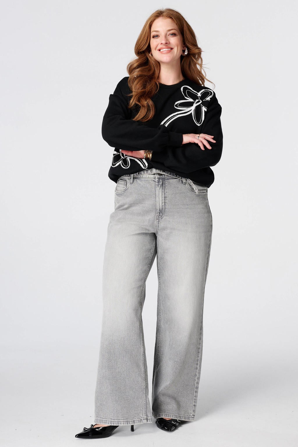 MS Mode sweater met borduursels Plus Size - zwart