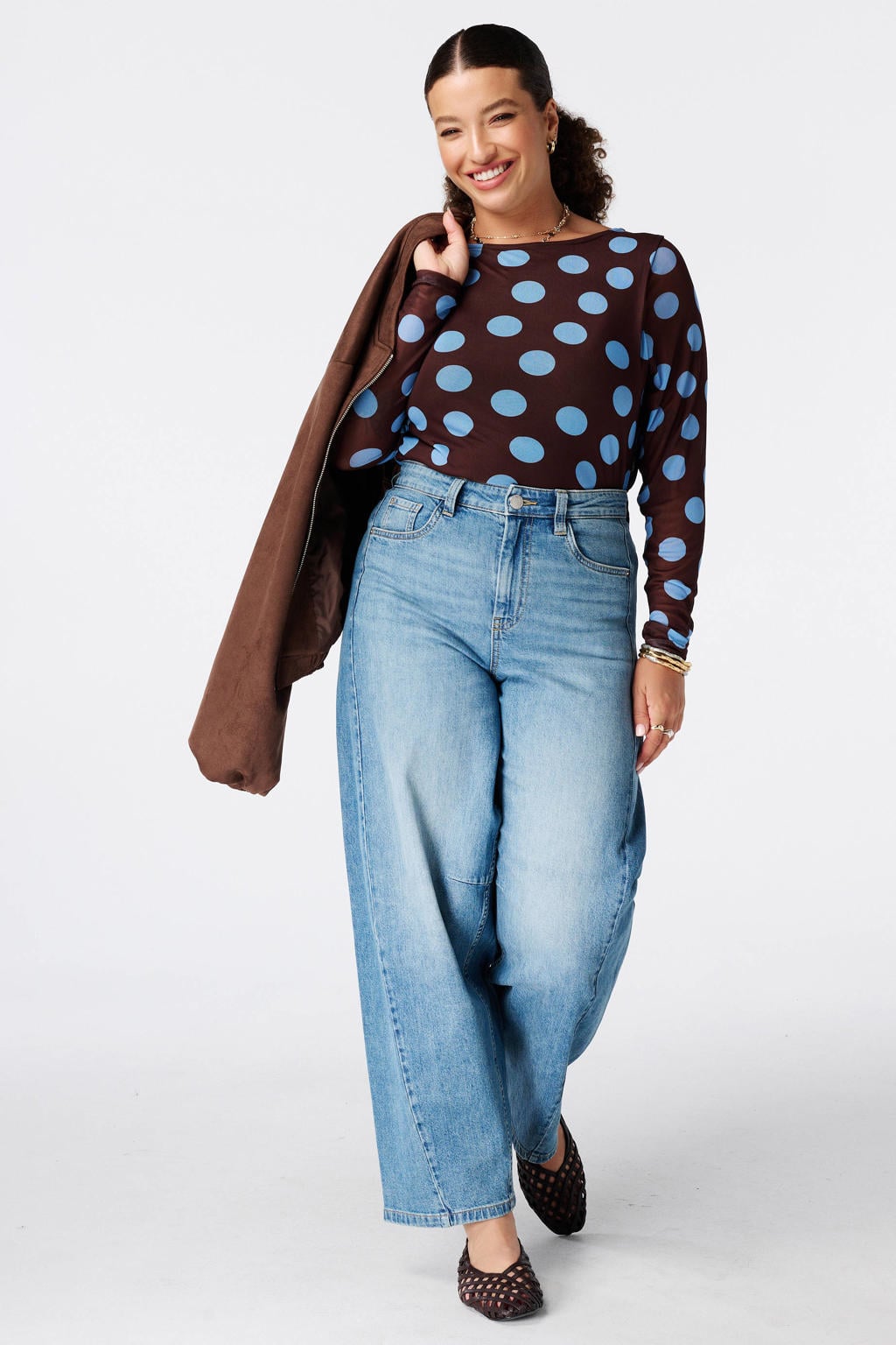 Bruin en blauwe dames MS Mode top Plus Size van polyester met stippenprint en lange mouwen
