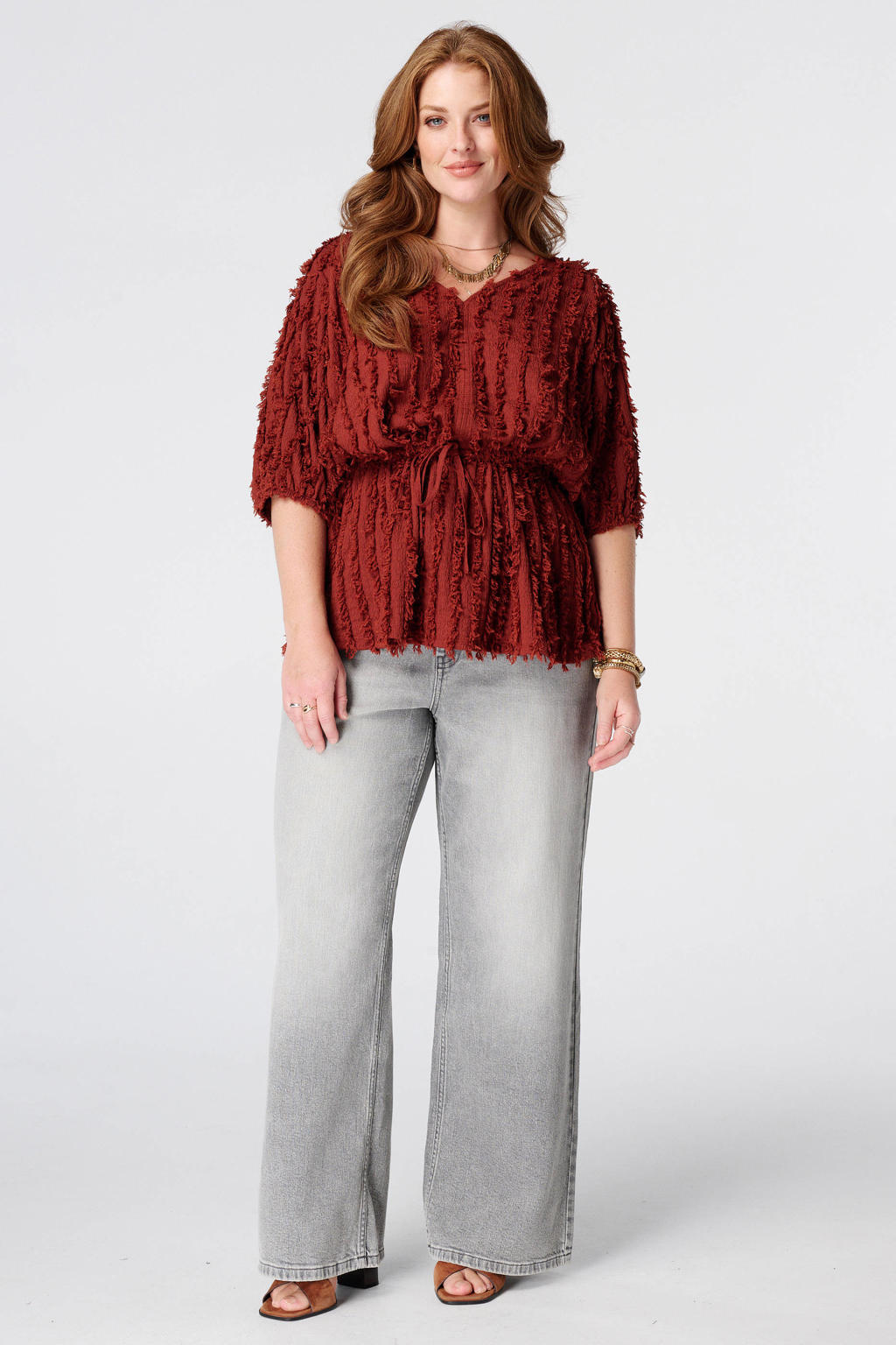 Rode dames MS Mode top Plus Size van polyester met effen en driekwart mouwen