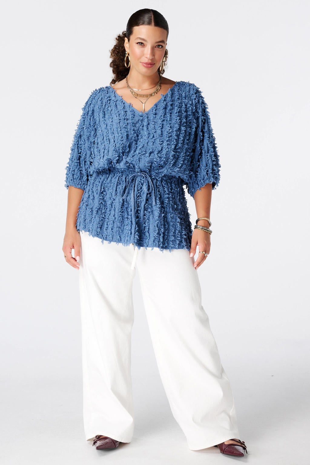 Blauwe dames MS Mode top Plus Size van polyester met effen en driekwart mouwen