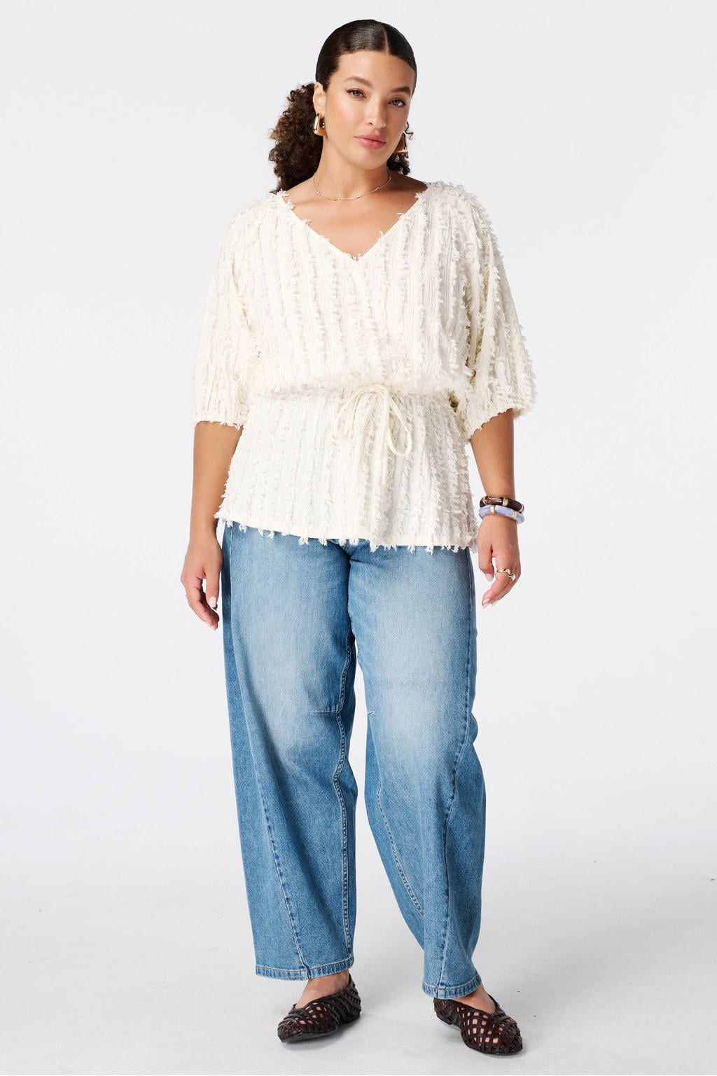 Ecru dames MS Mode top Plus Size van polyester met effen en driekwart mouwen