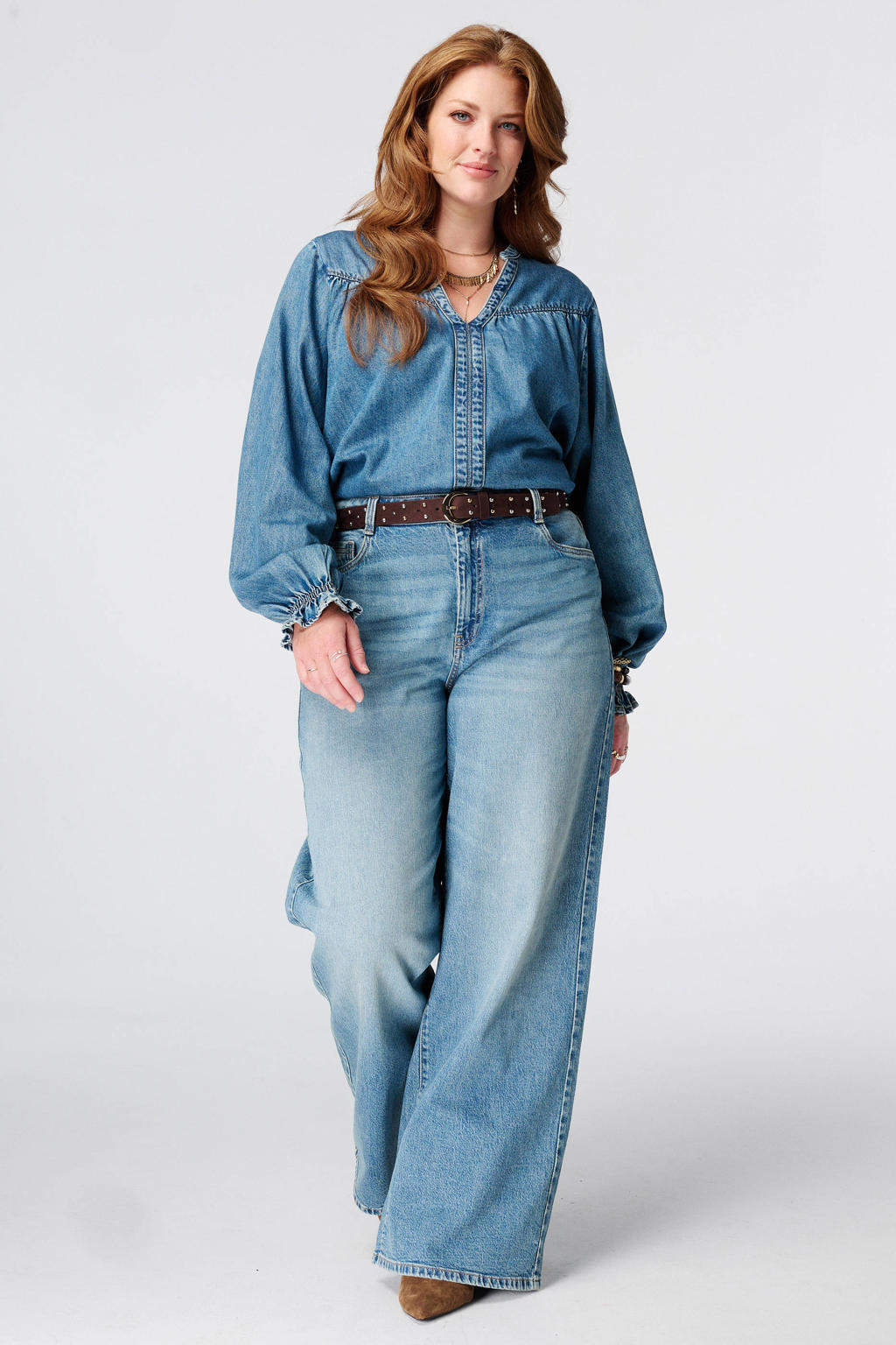 Medium blue denim dames MS Mode top Plus Size mediumblauw met effen en lange mouwen