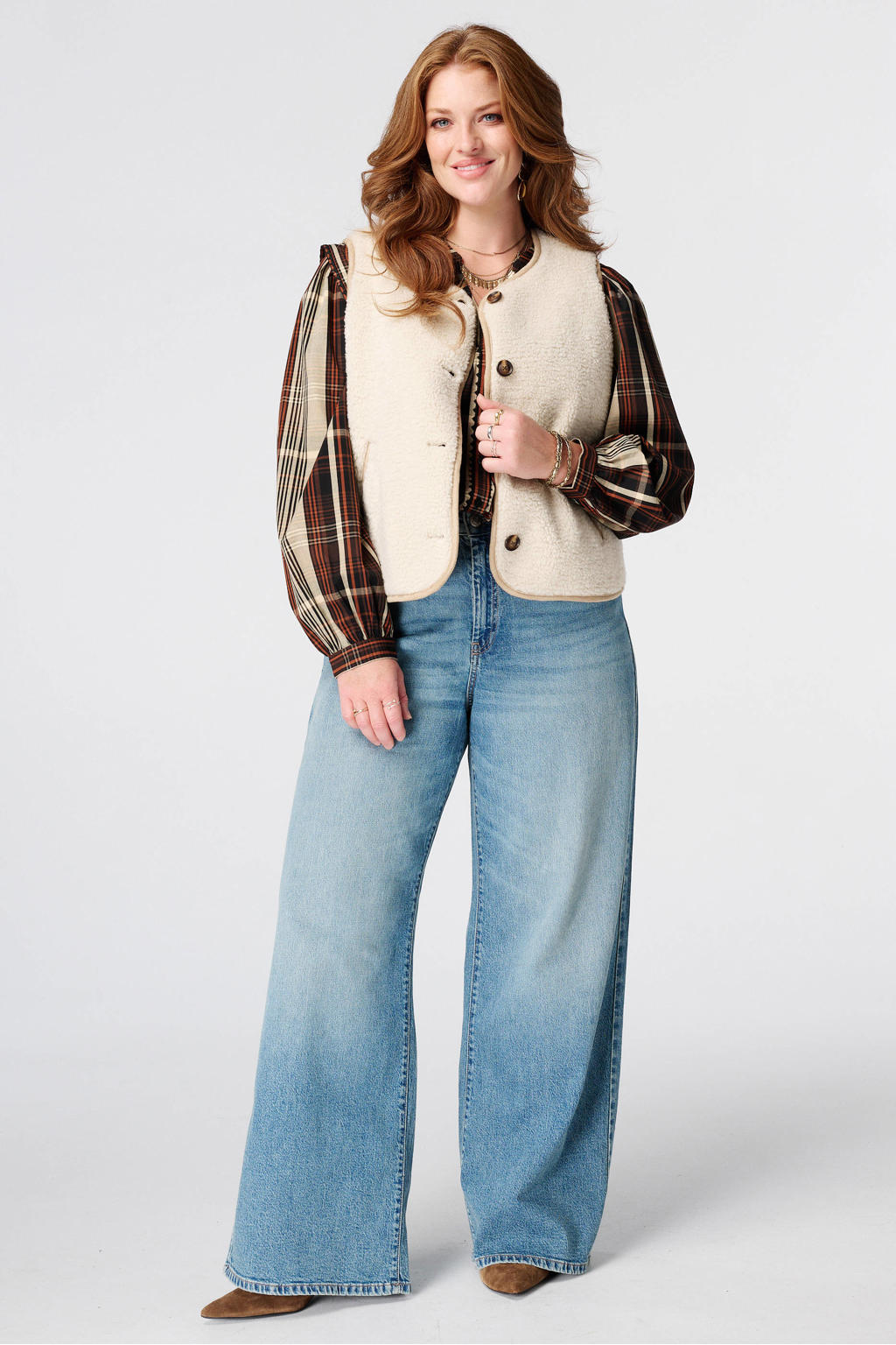 Multikleurige dames MS Mode geruite blouse Plus Size meerkeurig van polyester met lange mouwen en knoopsluiting