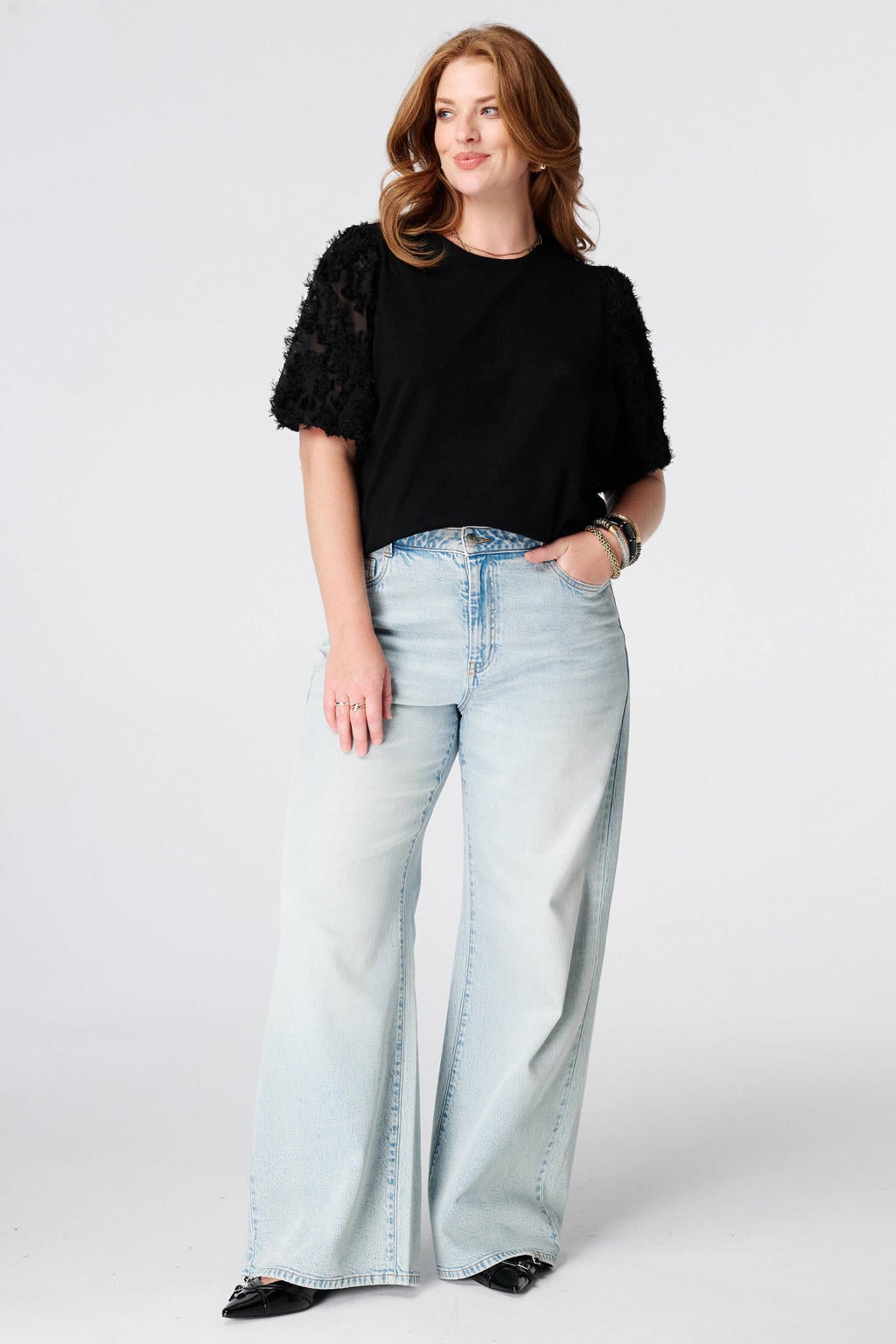 Zwarte dames MS Mode Plus Size top van polyester met effen en driekwart mouwen