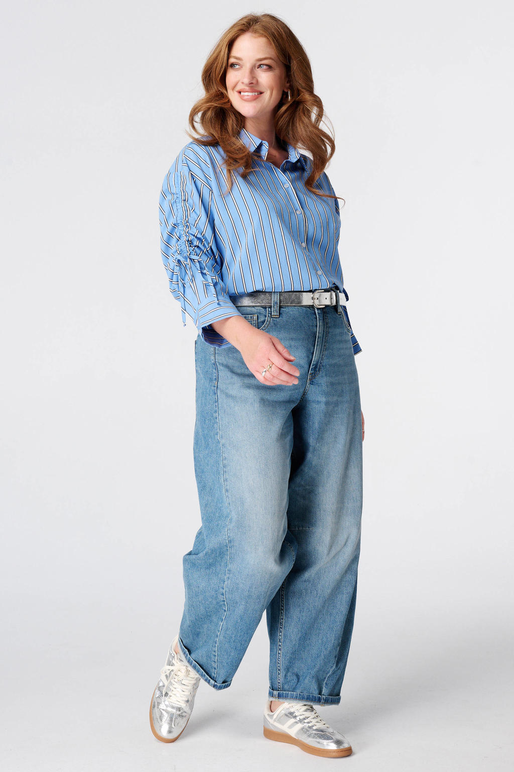 Blauw en ecru dames MS Mode gestreepte blouse Plus Size van viscose met lange mouwen, klassieke kraag en knoopsluiting