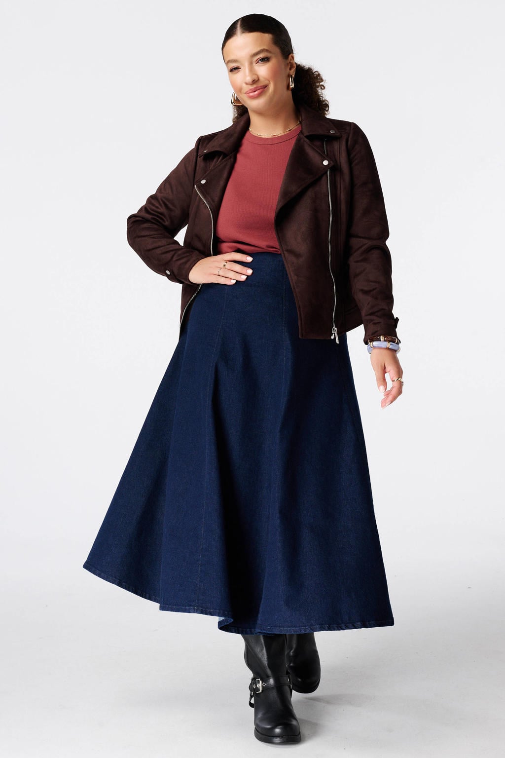 Dark blue denim dames MS Mode A-lijn midi rok Plus Size gemaakt van denim en met ritssluiting