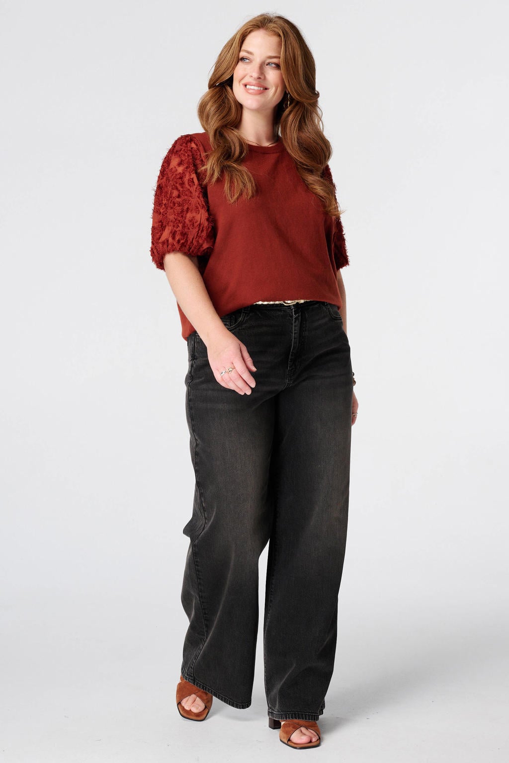 Roodbruine dames MS Mode top Plus Size bruin van polyester met effen en driekwart mouwen