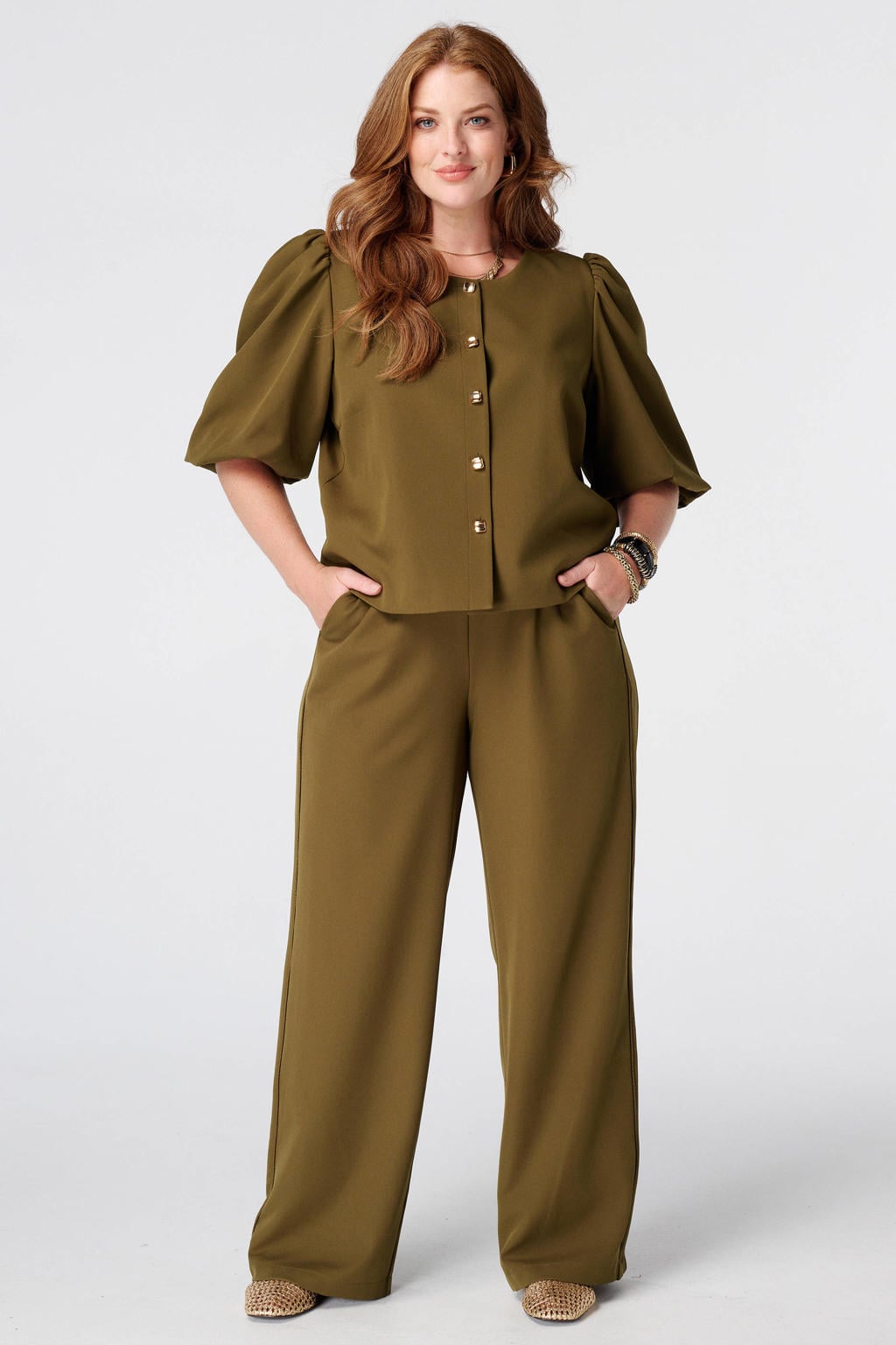 MS Mode wide leg broek Plus Size - olijfgroen