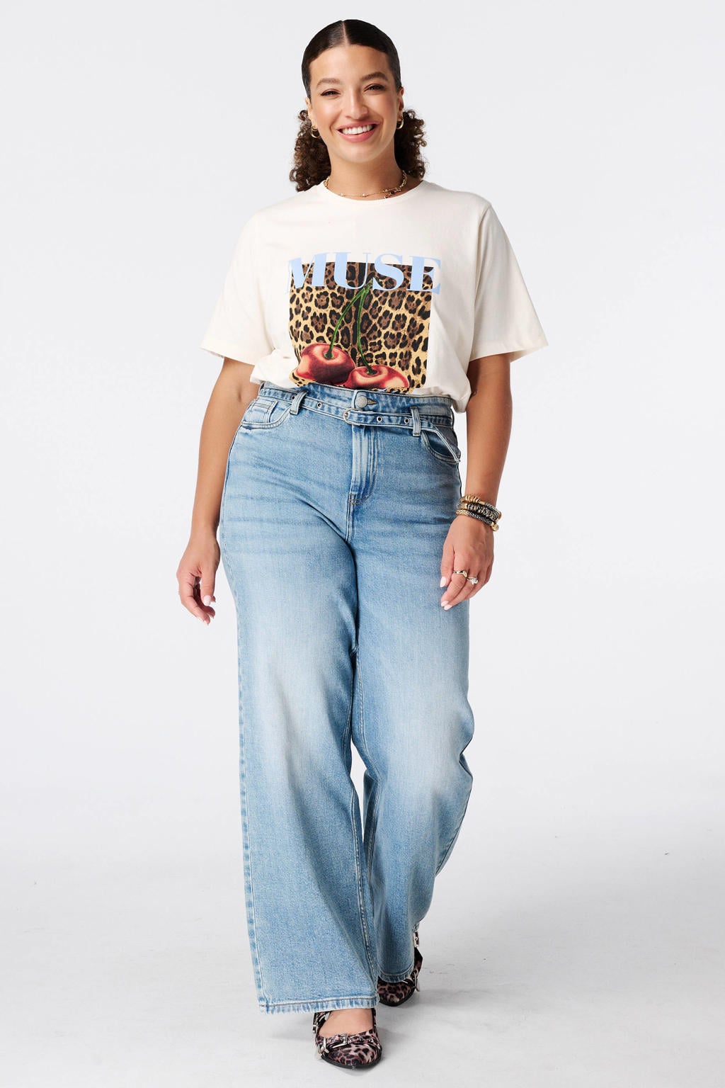 Medium blue denim dames MS Mode wide leg jeans Plus Size mediumblauw van denim met rits- en haaksluiting en effen