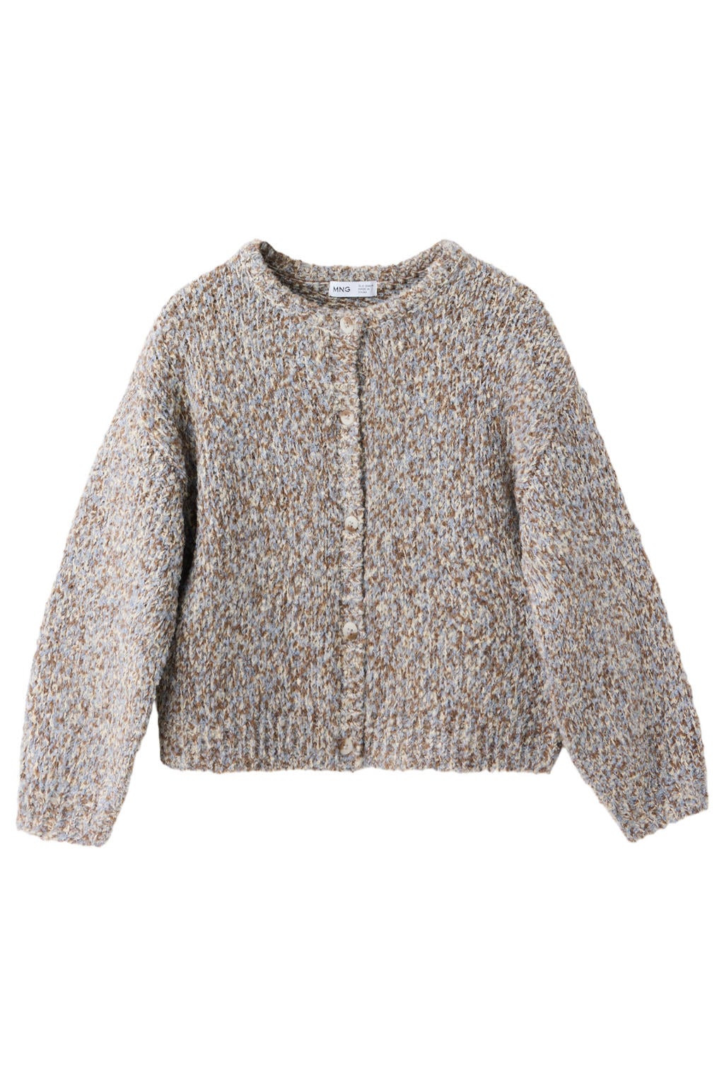 Bruine meisjes Mango Kids gebreide vest met melée print, lange mouwen, ronde hals en knoopsluiting