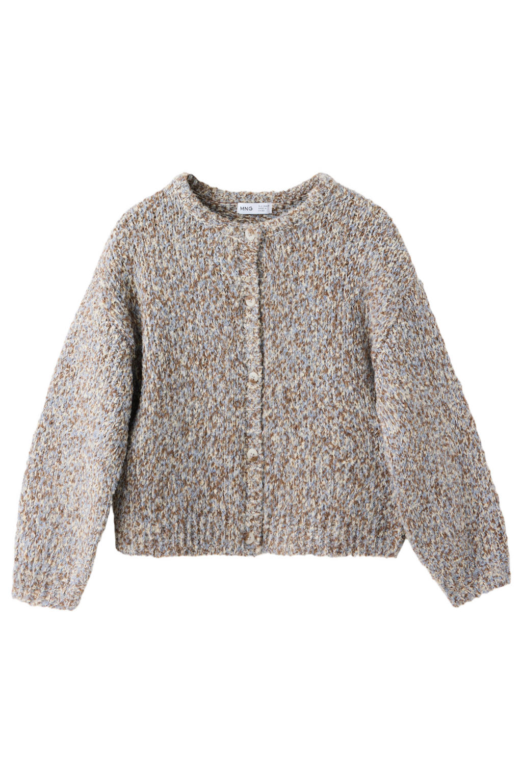 Bruine meisjes Mango Kids gebreide vest met melée print, lange mouwen, ronde hals en knoopsluiting