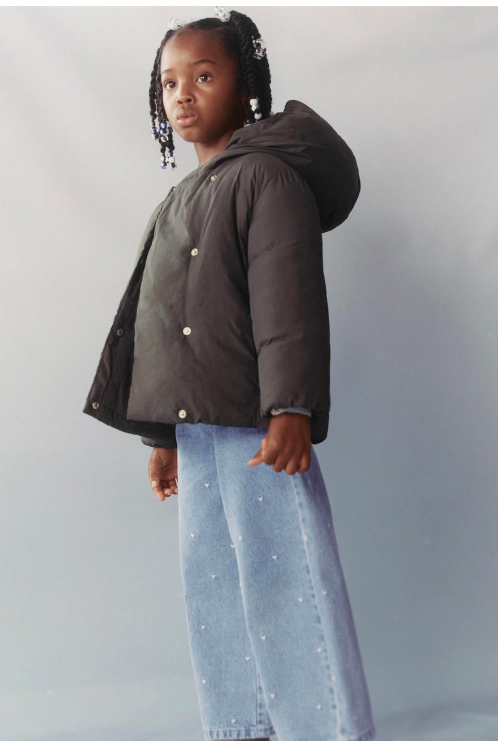 Donkerblauwe meisjes Mango Kids winterjas van polyamide met effen, lange mouwen, capuchon en drukknoopsluiting