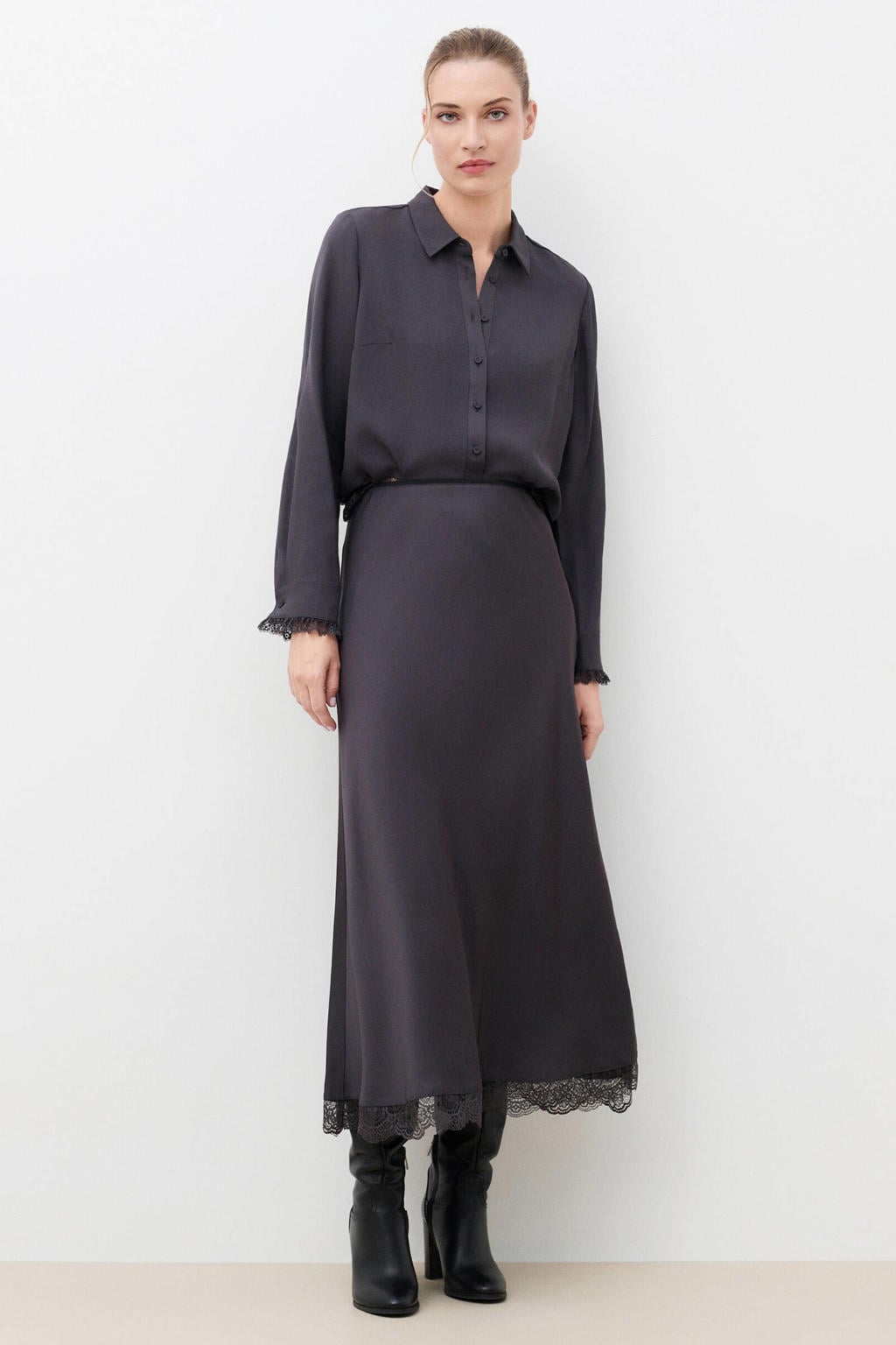 Antraciete dames Caroll midi rok gemaakt van viscose