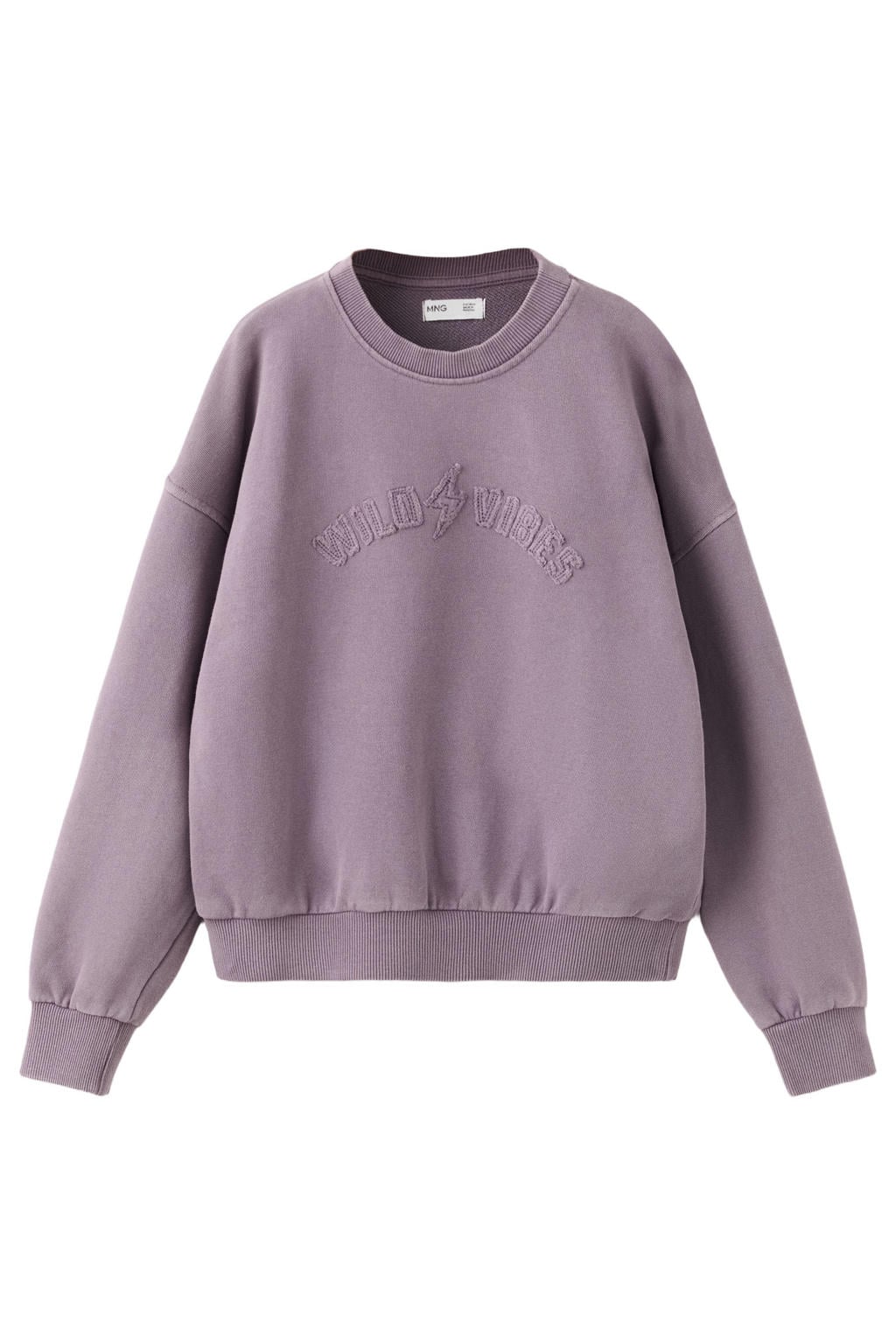 Paarse meisjes Mango Kids sweater met tekst print, lange mouwen, ronde hals en 3D applicatie