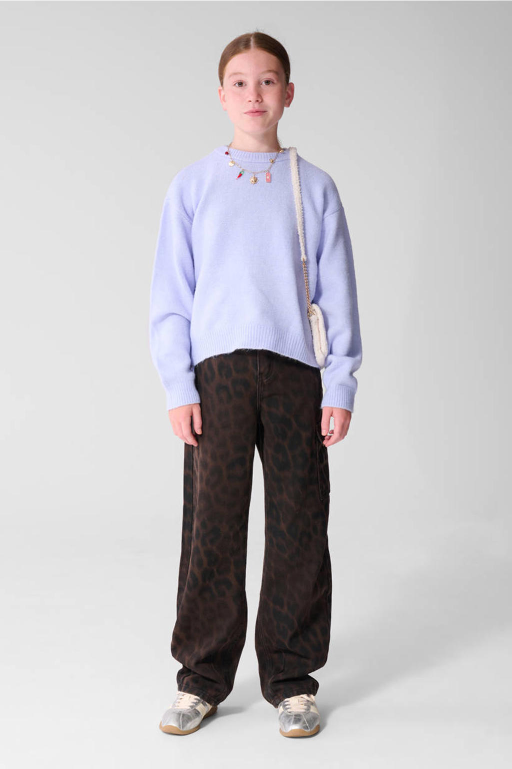 Donkerbruin en zwarte meisjes Shoeby barrel jeans van katoen met high waist, rits- en knoopsluiting en panterprint
