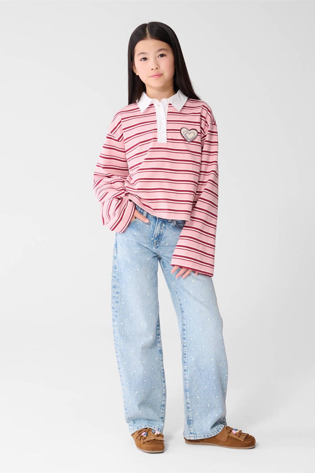 Light blue denim meisjes Shoeby wide leg jeans van katoen met high waist, rits- en knoopsluiting en effen
