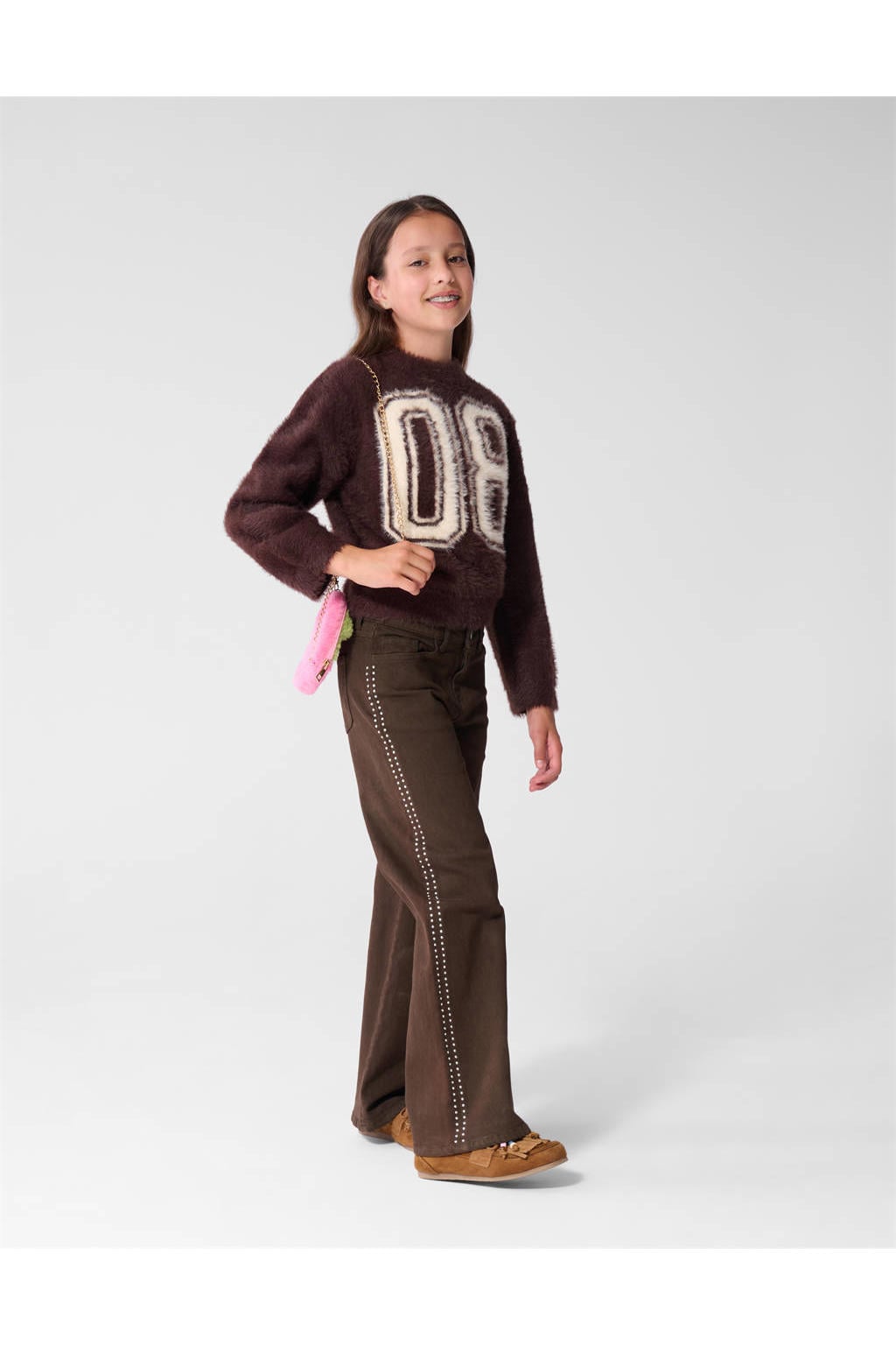 Bruine meisjes Shoeby wide leg jeans van denim met high waist, rits- en knoopsluiting en effen