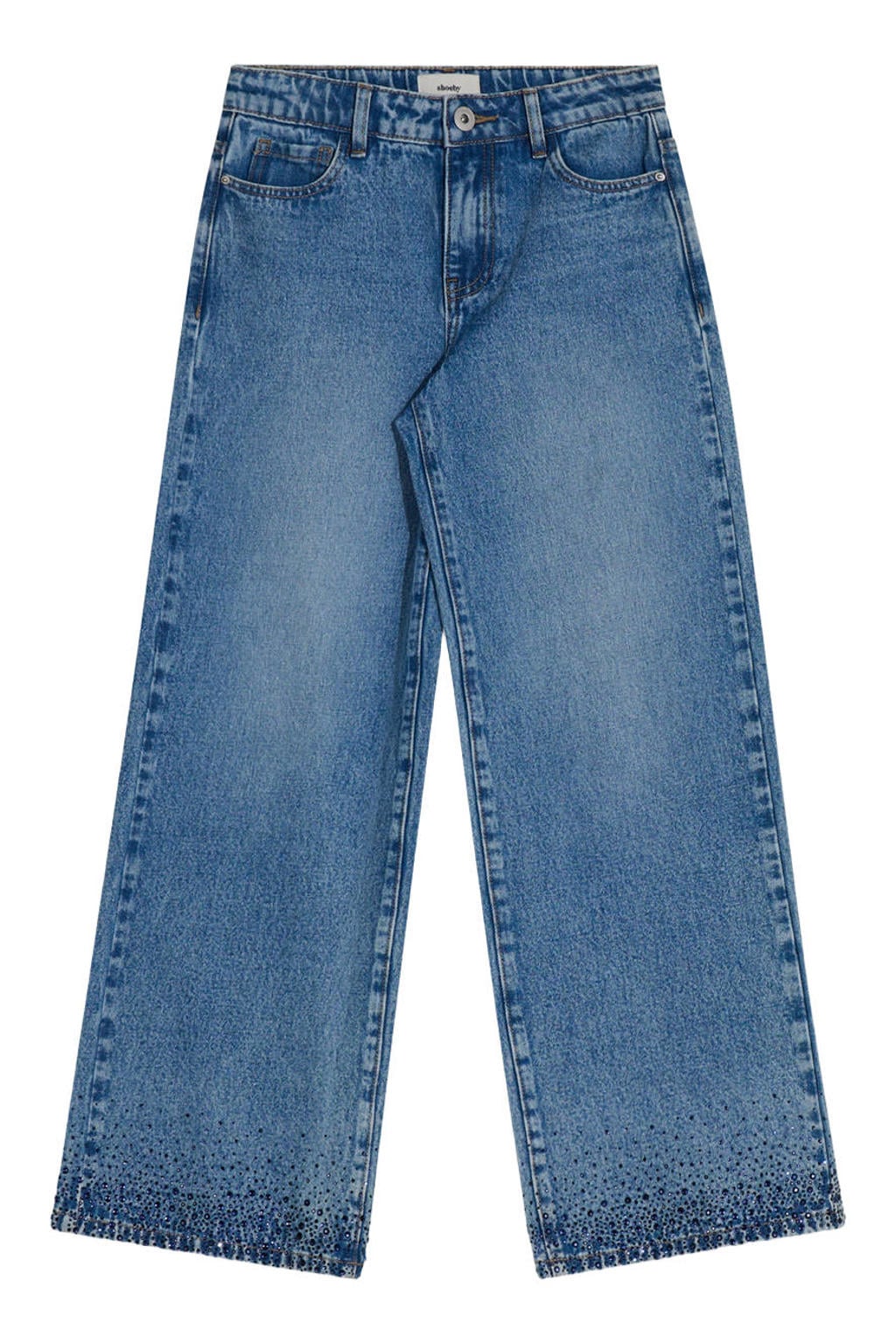 Medium blue denim meisjes Shoeby van denim met wijde pijpen, high waist, rits- en knoopsluiting en effen