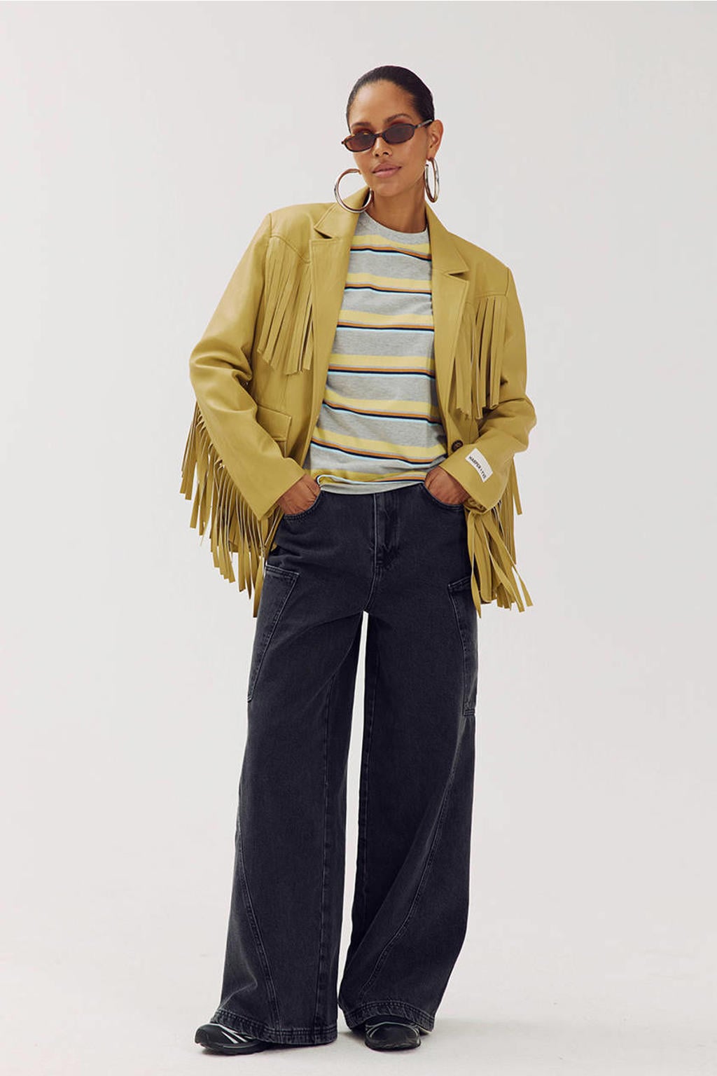 HARPER & YVE imitatieleren regular blazer met franjes - mosterdgeel