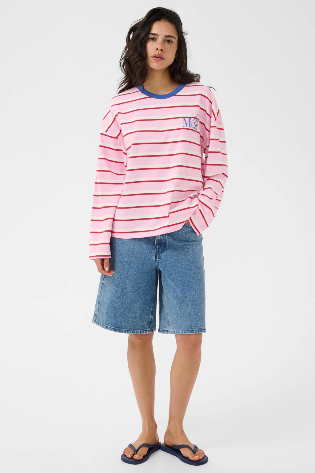 Roze dames Kaffe gestreepte top met lange mouwen en ronde hals