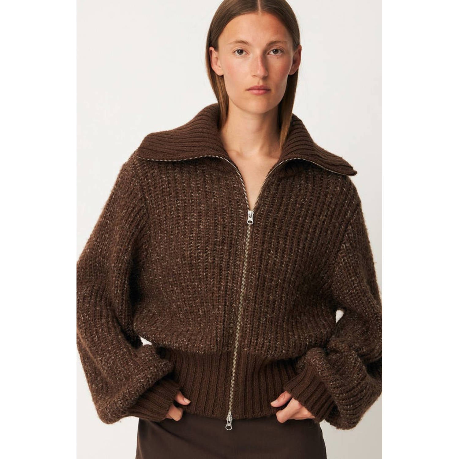 Modström gebreid vest met wol donkerbruin