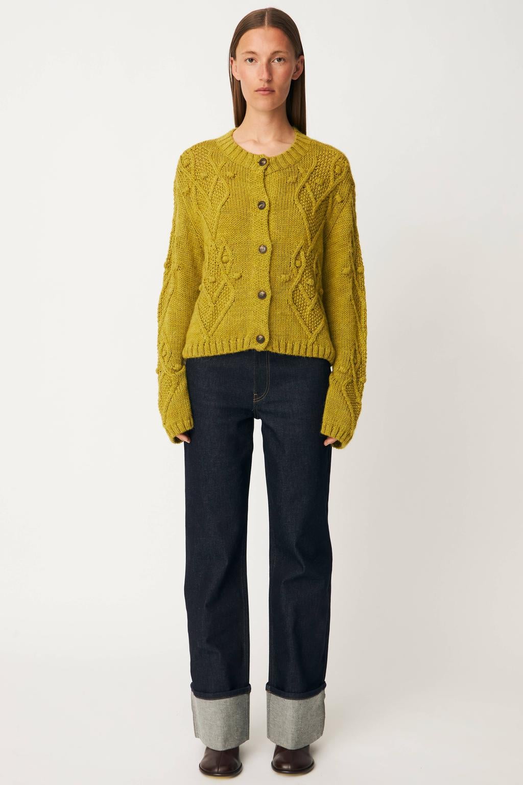 Limegroene dames Modström gebreid vest groen van polyamide met effen, lange mouwen en knoopsluiting