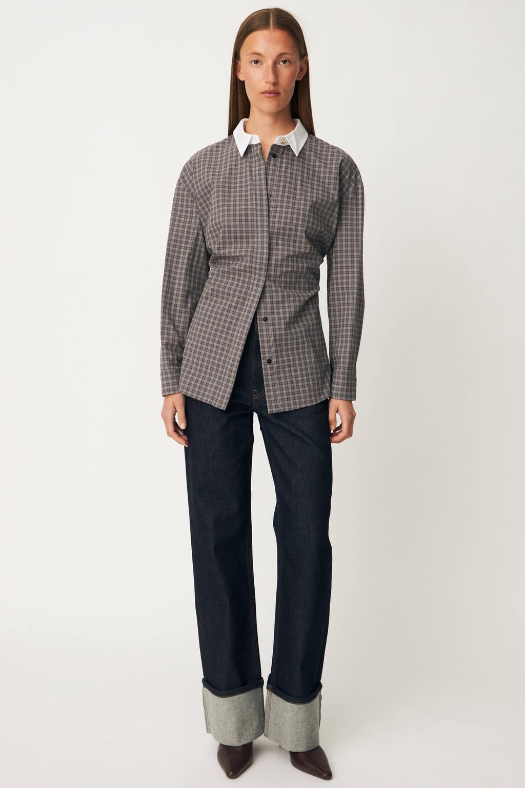 Modström getailleerde geruite blouse met ceintuur - grijs