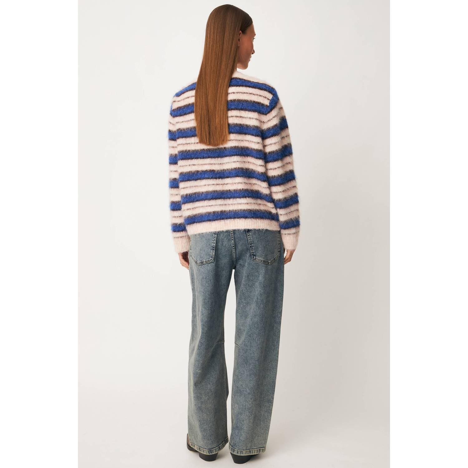 Modström gestreept gebreid vest met wol roze blauw