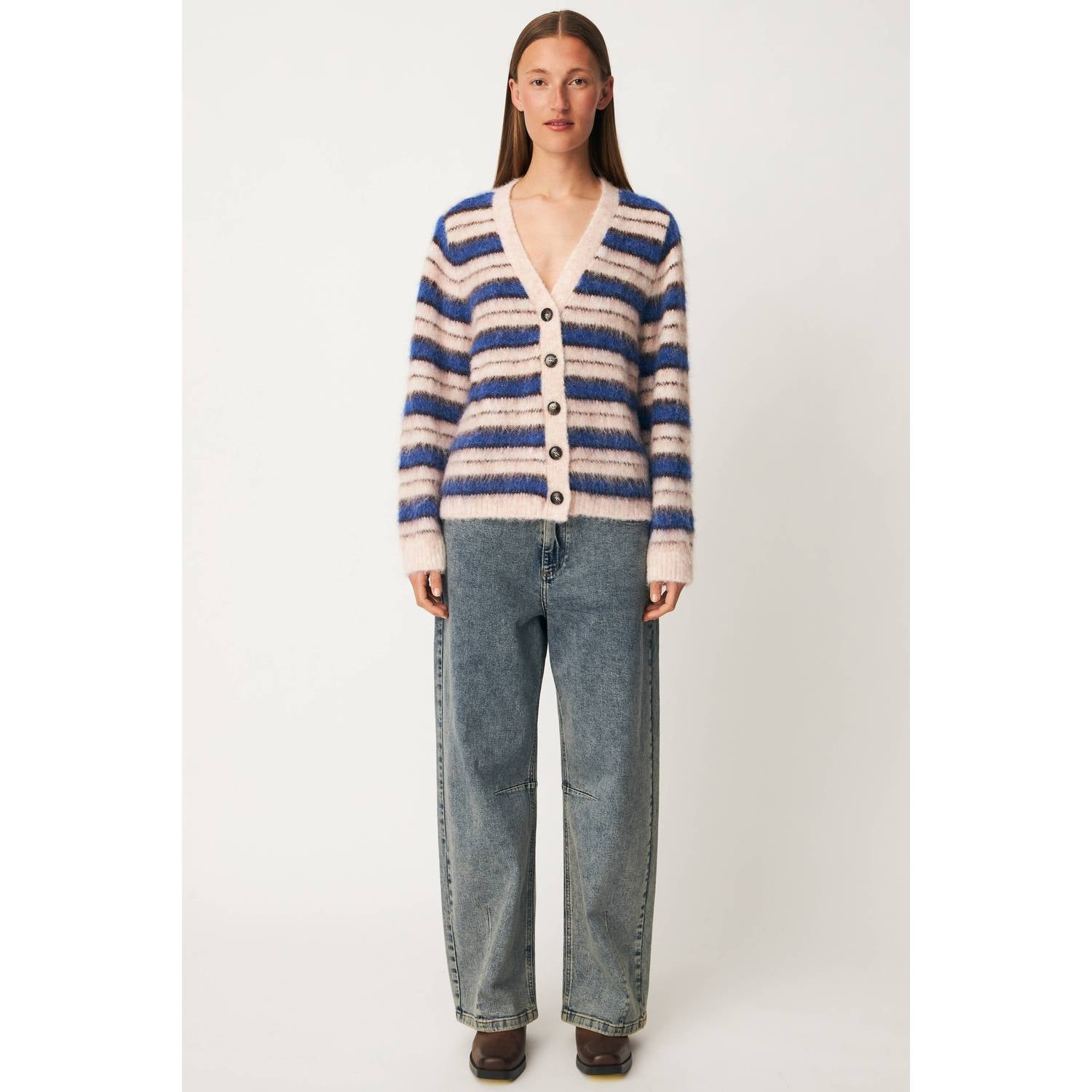 Modström gestreept gebreid vest met wol roze blauw