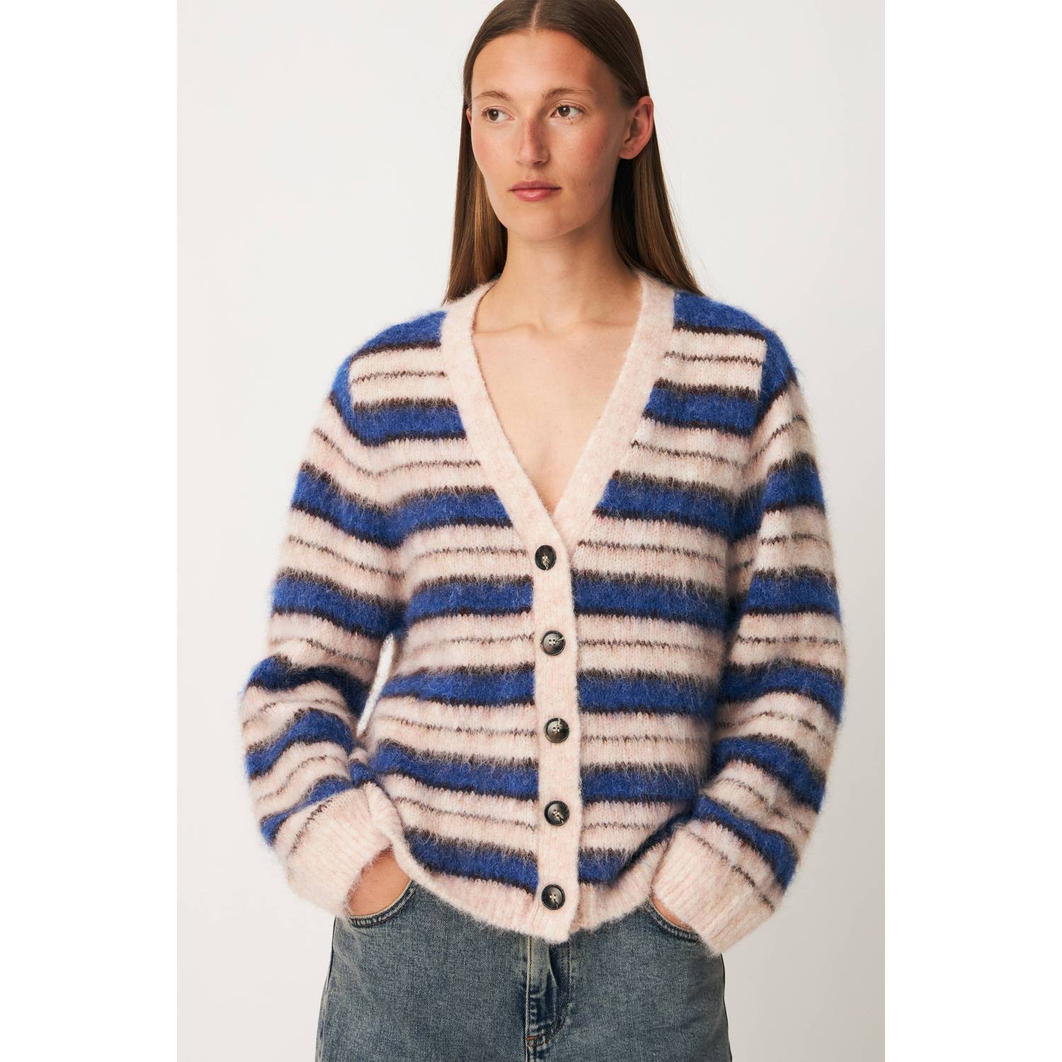 Modström gestreept gebreid vest met wol roze blauw