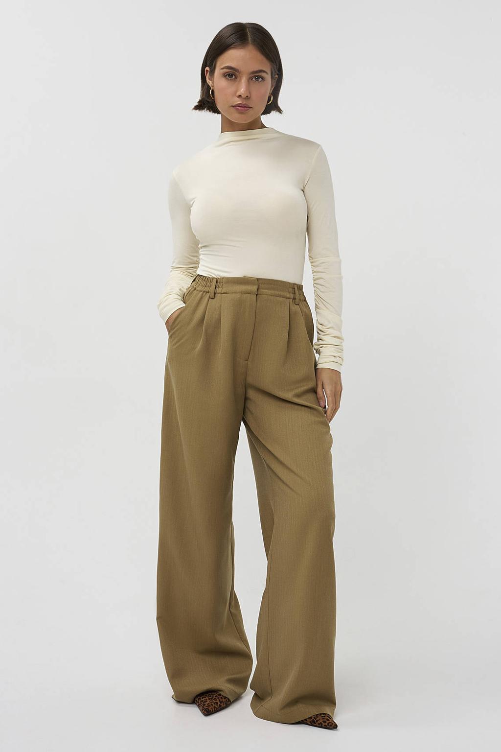 Ecru dames Studio AMAYA X Sofie Graafland aansluitende top van viscose met effen, korte mouwen en ronde hals
