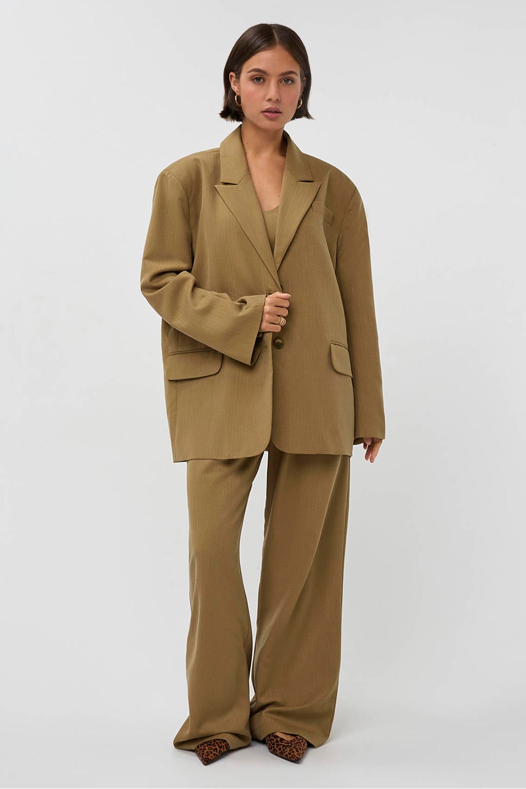 Kakikleurige dames Studio AMAYA X Sofie Graafland oversized blazer van polyester met effen, lange mouwen, reverskraag en knoopsluiting