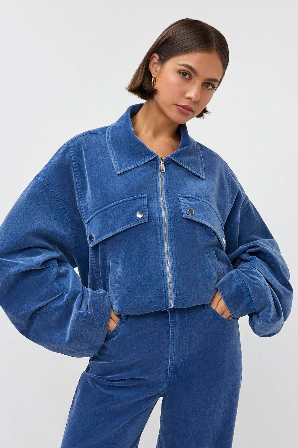 Blauwe dames Studio AMAYA X Sofie Graafland jas van katoen met effen, lange mouwen, ritssluiting en textuur