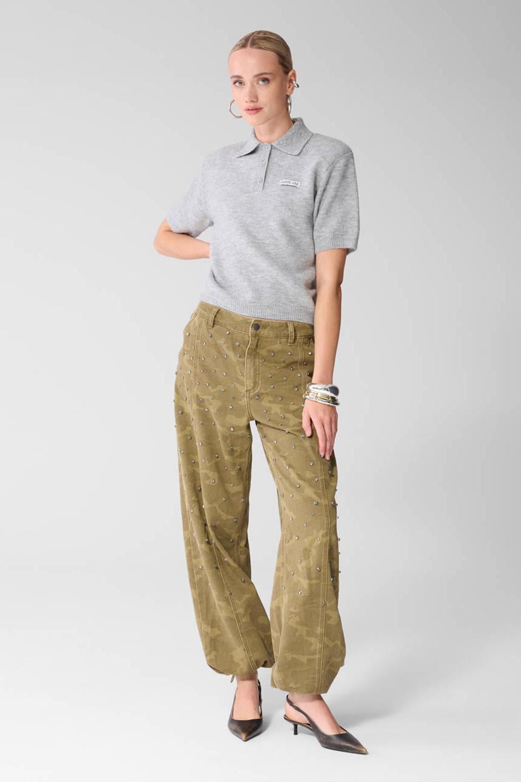 Bruin en groene dames Shoeby high waist barrel camouflage jeans van denim met rits- en knoopsluiting