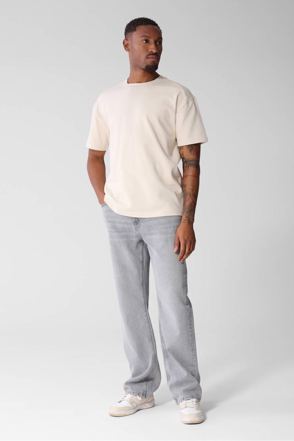 Ecru heren Shoeby relaxed fit T-shirt van katoen met effen, korte mouwen en ronde hals