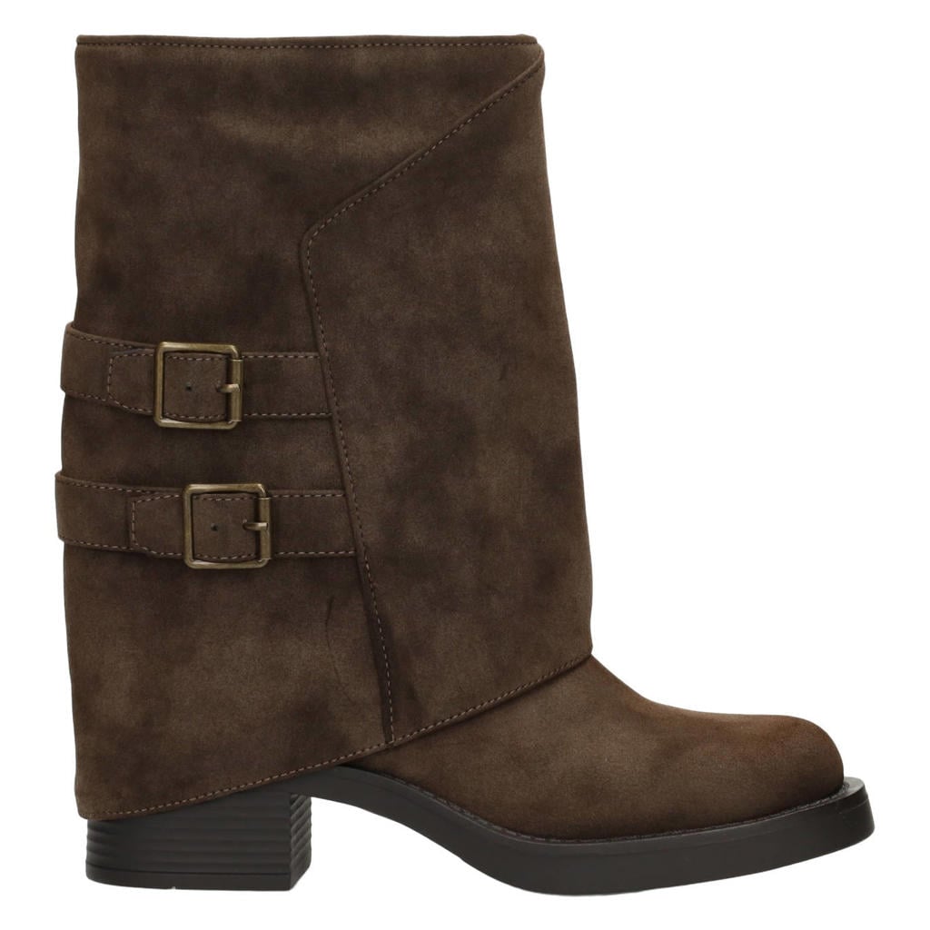 POSH by Poelman Shanti bikerboots met blokhak - donkerbruin
