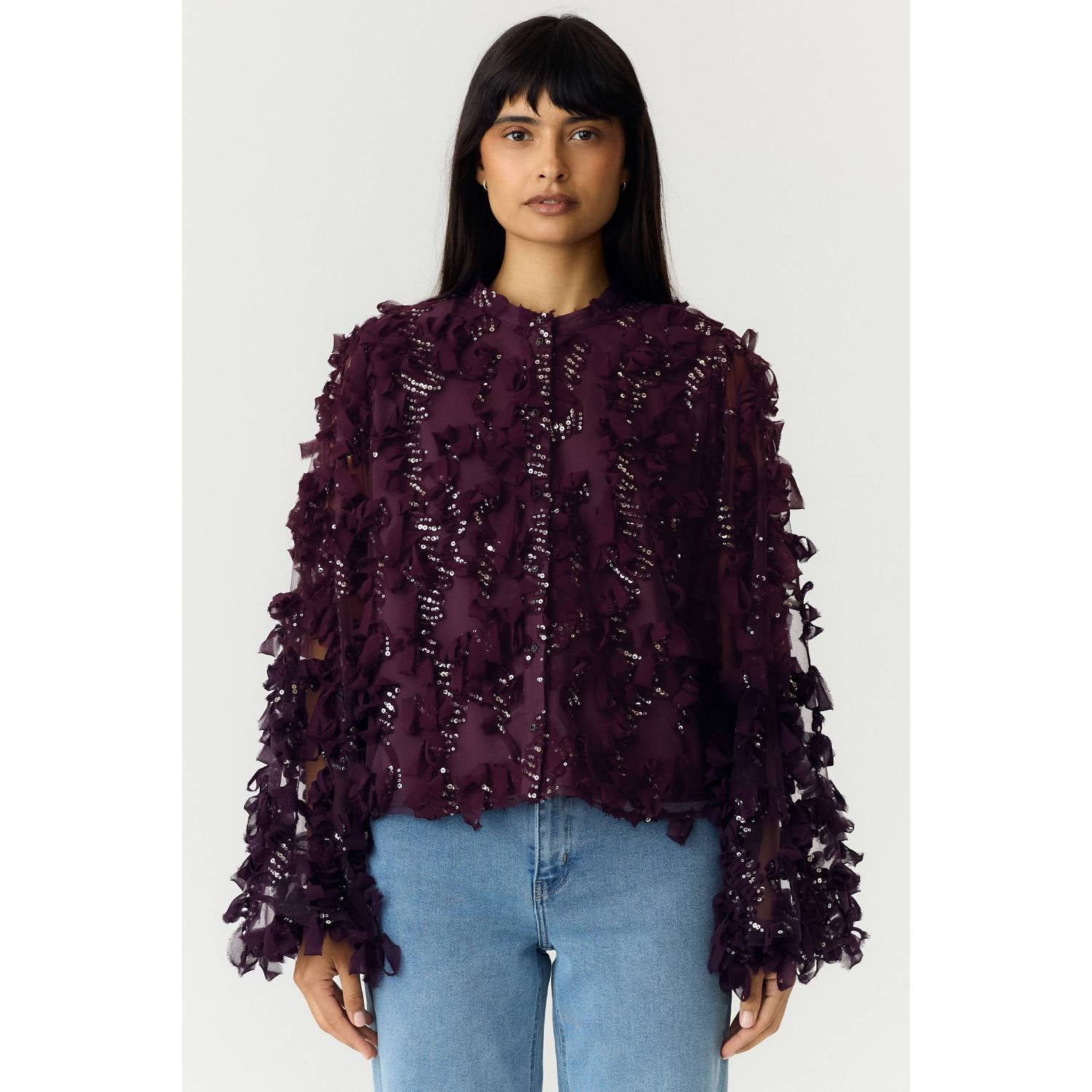 YAS blouse met pailletten donkerpaars