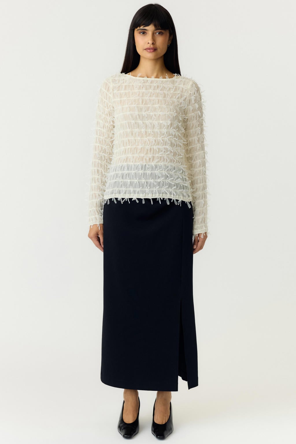 Crème dames YAS van polyester met effen, lange mouwen, boothals en doorgestikte details