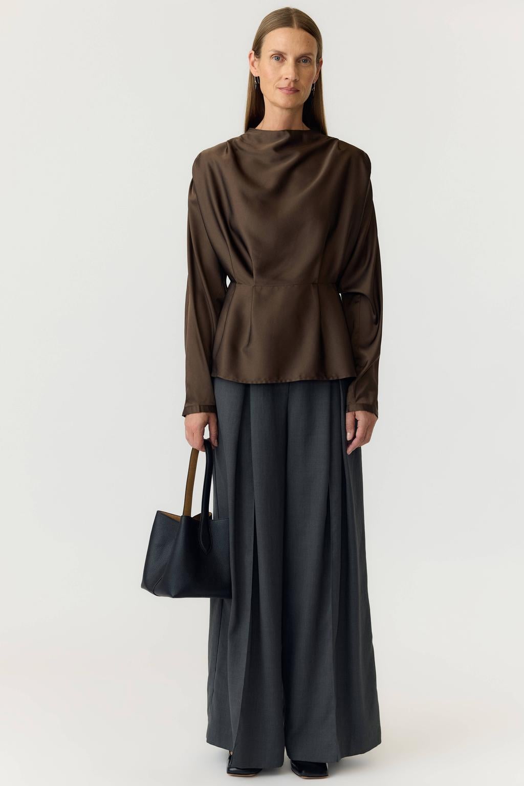 Donkerblauwe dames YAS peplum top van polyester met effen, lange mouwen, ritssluiting en elastische boord