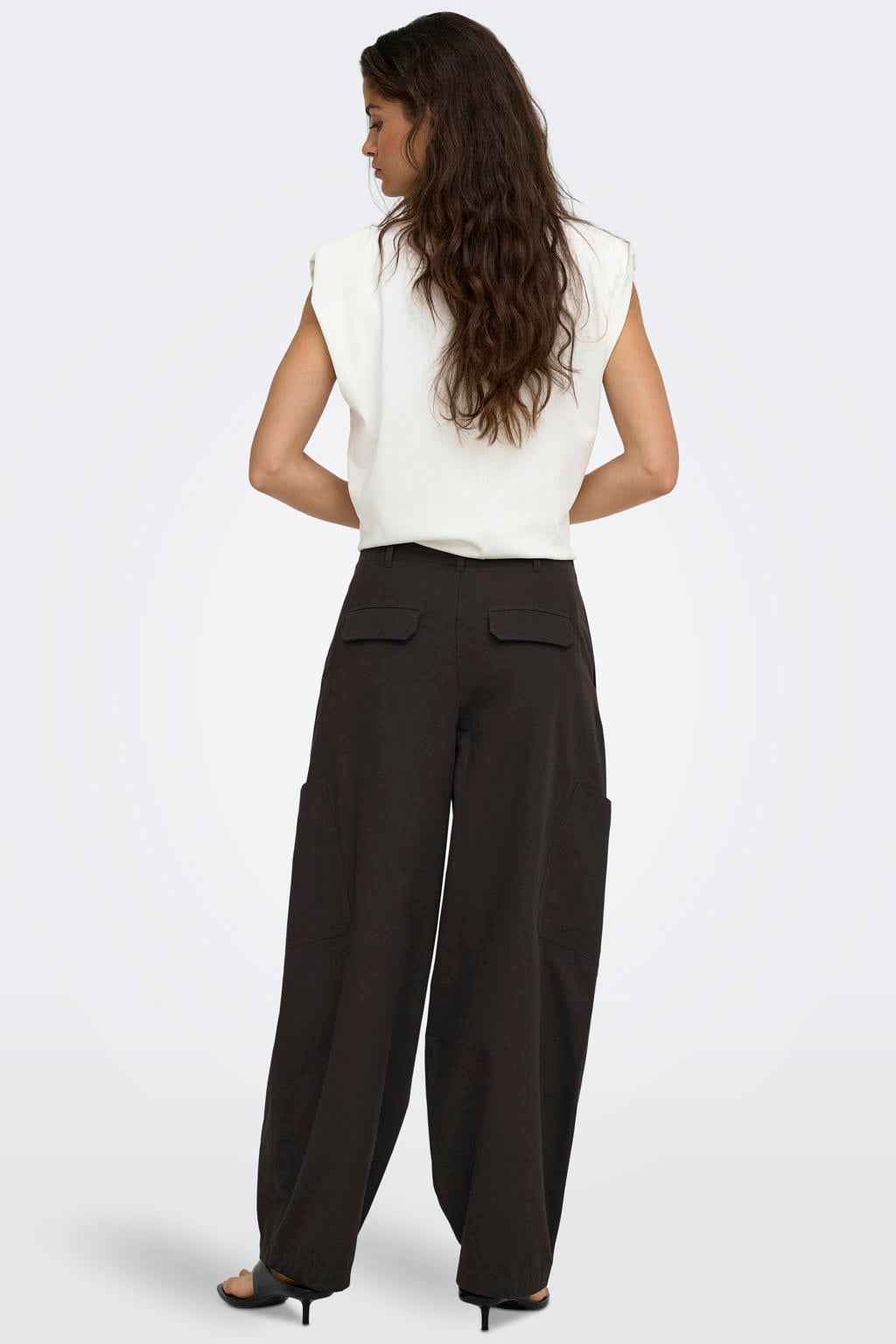 Bruine dames JDY barrel cargobroek van katoen met regular waist, elastische tailleband met koord en effen