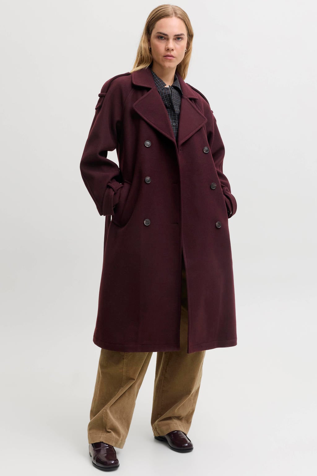 Donkerrode dames JJXX trenchcoat van polyester met effen, lange mouwen, reverskraag en double breasted sluiting