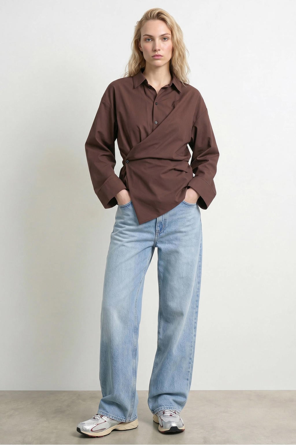 Bruine dames HYPEDROP blouse van katoen met effen, lange mouwen, klassieke kraag en knoopsluiting