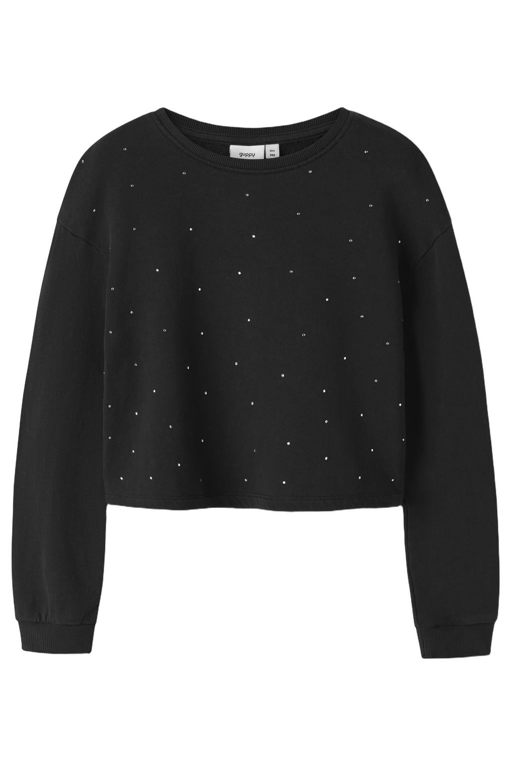 Zwarte meisjes GUPPY KIDS rechtvallende sweater en stippen met lange mouwen, ronde hals en strass steentjes