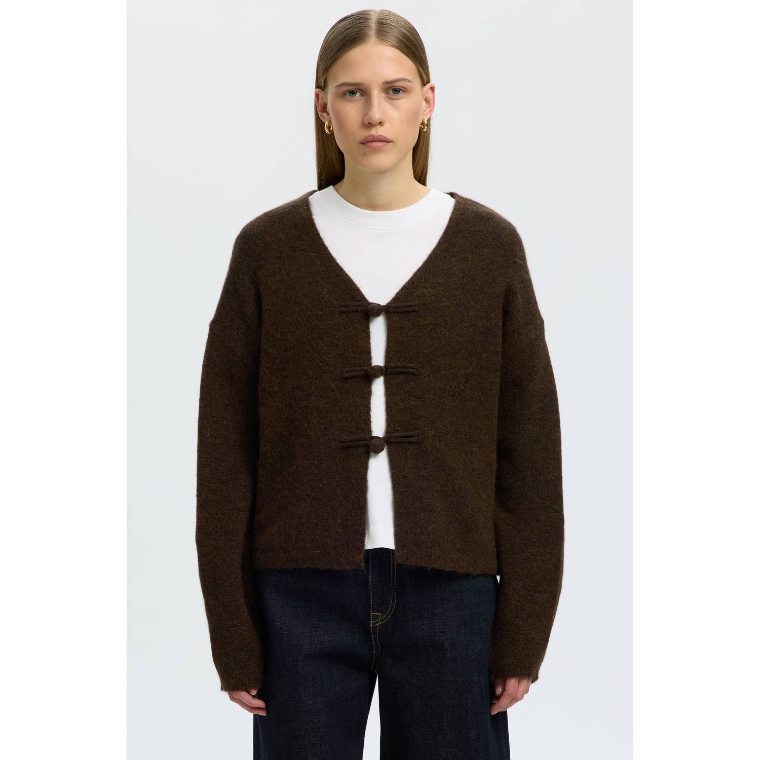 Selected Women wollen gebreid vest donkerbruin