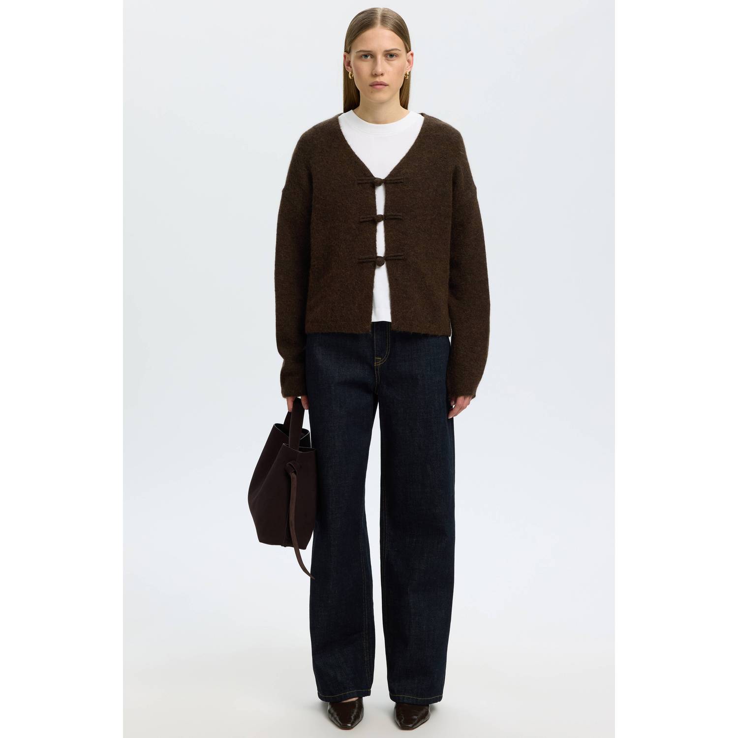 Selected Women wollen gebreid vest donkerbruin
