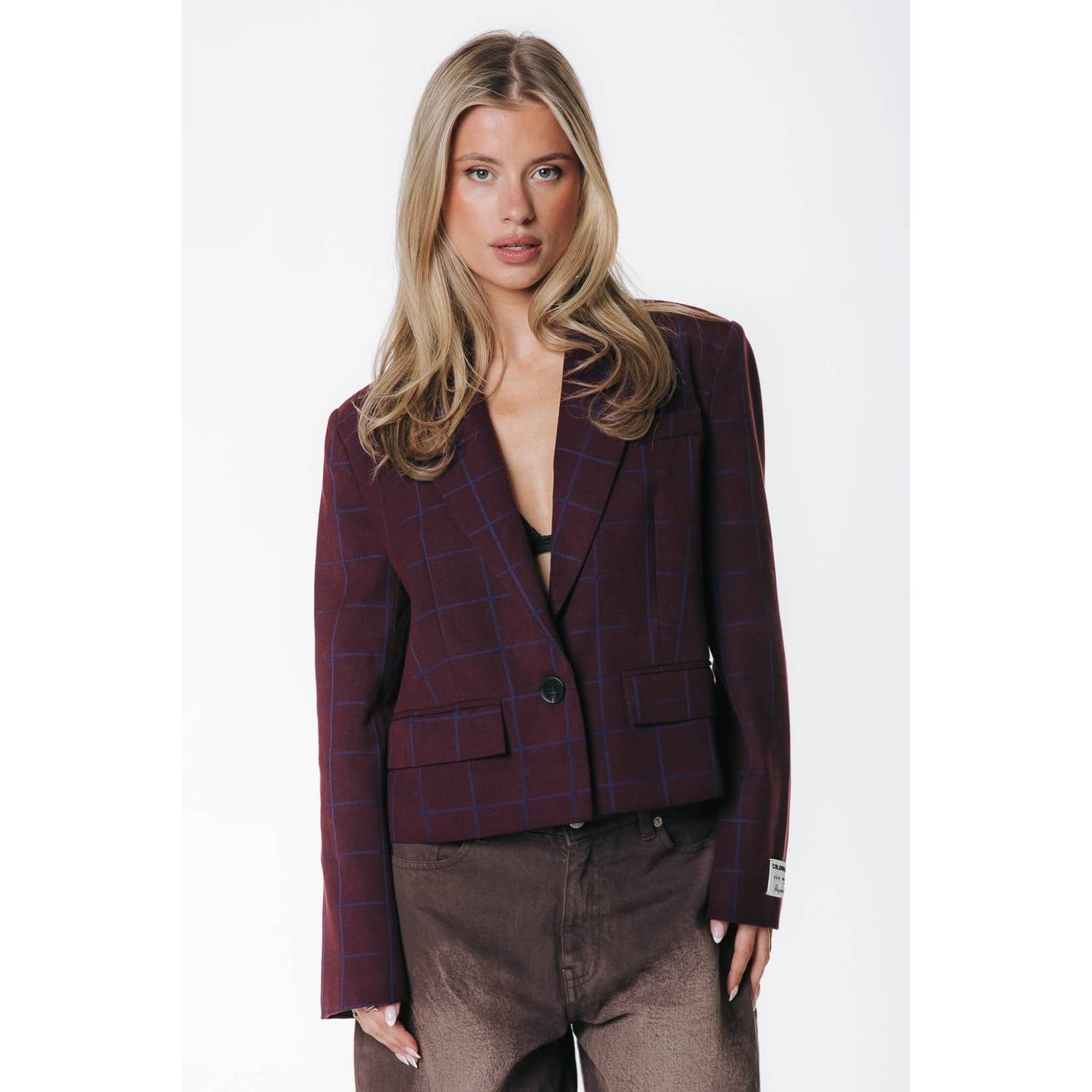Colourful Rebel cropped geruite blazer met patches bordeauxrood