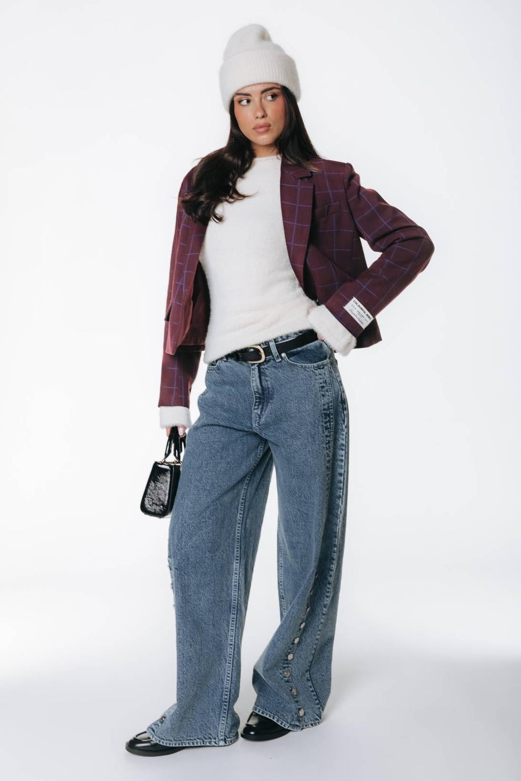 Colourful Rebel cropped geruite blazer met patches - bordeauxrood