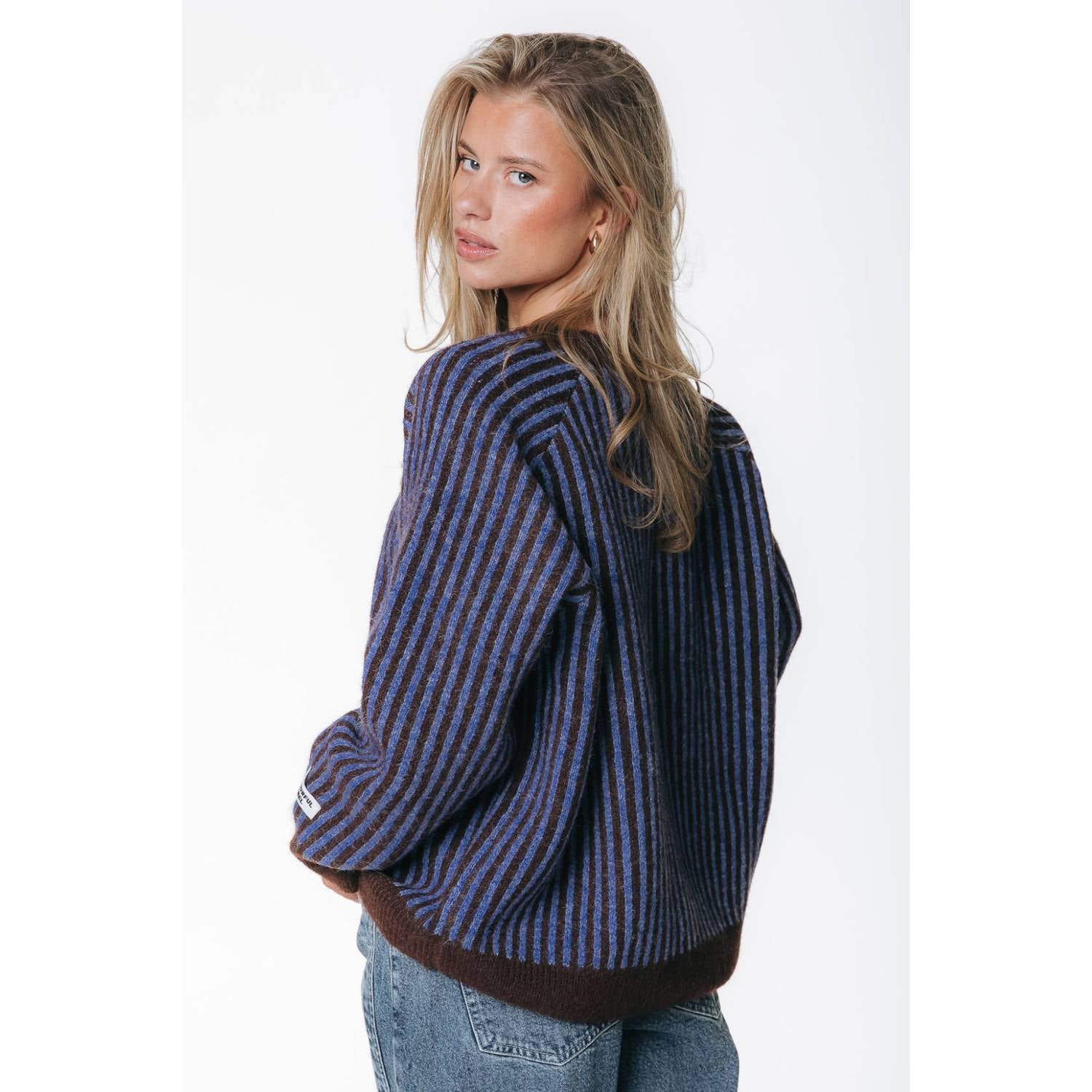 Colourful Rebel gestreepte gebreide trui met wol blauw