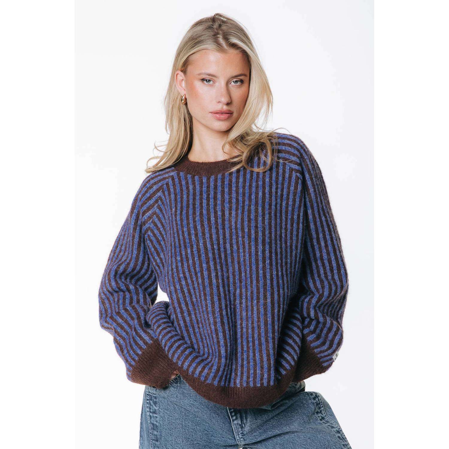 Colourful Rebel gestreepte gebreide trui met wol blauw